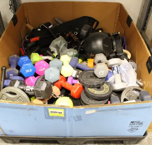 Assorted Weights/Dumbbells/Apparatus/Parts/Etc., #35070, **PICK UP ONLY**TOTE NOT INCLUDED**