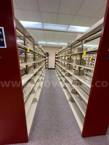 Lot containing various sizes, styles, and configurations library book and utility shelving.