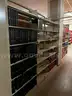 Lot containing various sizes, styles, and configurations library book shelving (books included)