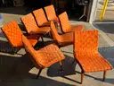 Eight Chairs, wood frame with woven straps.