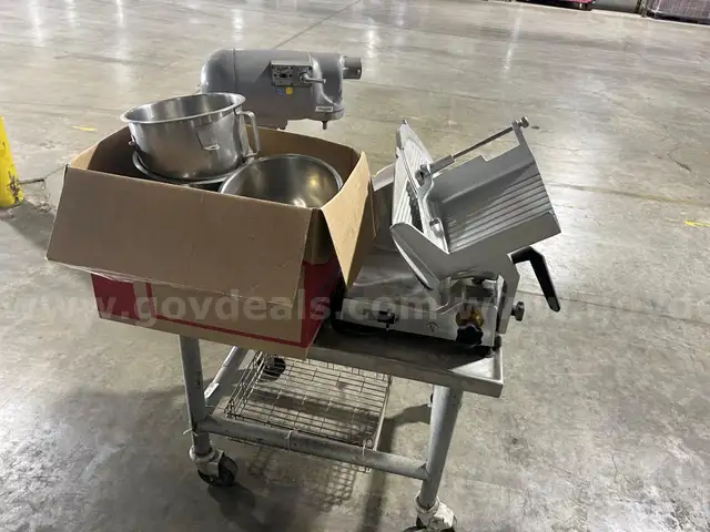 1 Hobart slicer, 1 Hobart mixer, with bowls and lids, with stand