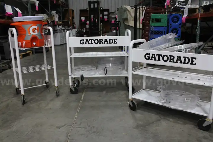(1) Lot of Gatorade Rolling Carts, Cooler, and Cup Holder Trays