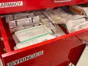 metal medical cart - red - 6-drawer - contains medical supplies (&#x22;crash cart&#x22;) plus a single patient use resuscitator