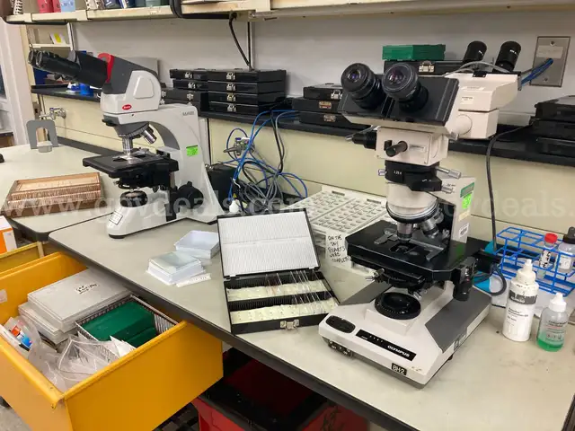 Lot of 9 microscopes and 1 Pentax camera with eyepieces attached