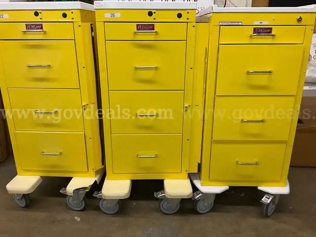 Lot of 3:  Harloff medical carts - all are yellow 4-drawer empty