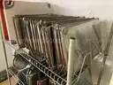 Lot of cafeteria trays, pans, plastic dishwasher trays, small plates