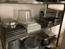 Lot of cafeteria trays, pans, plastic dishwasher trays, small plates
