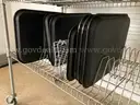Lot of cafeteria trays, pans, plastic dishwasher trays, small plates