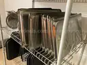 Lot of cafeteria trays, pans, plastic dishwasher trays, small plates