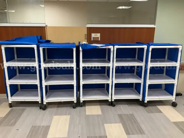 Lot of 5 PVC Carts - each 3 Shelf w/blue cover