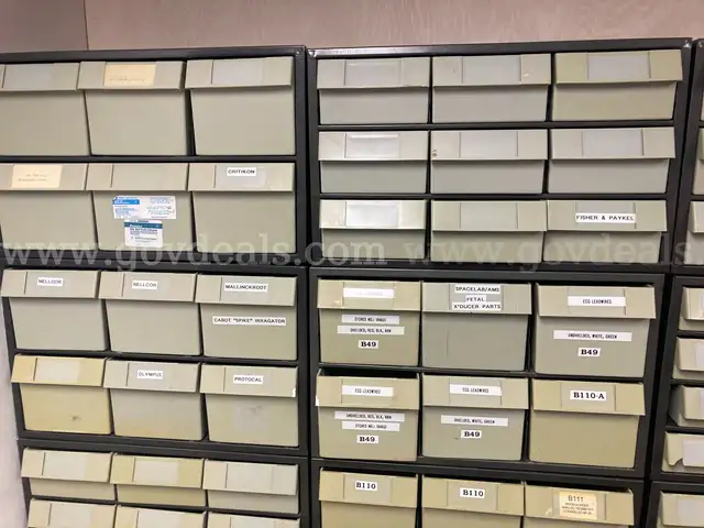 Metal Shelves with small plastic drawers - mostly empty