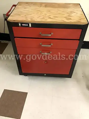 Homak rolling tool cabinet with wooden top