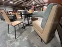 1 LOT OF 2 CURVED BENCH SEATING AND DIA . TABLE AND [2]  CHAIRS PER SET.