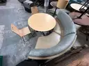 1 LOT OF 2 CURVED BENCH SEATING AND DIA . TABLE AND [2]  CHAIRS PER SET.