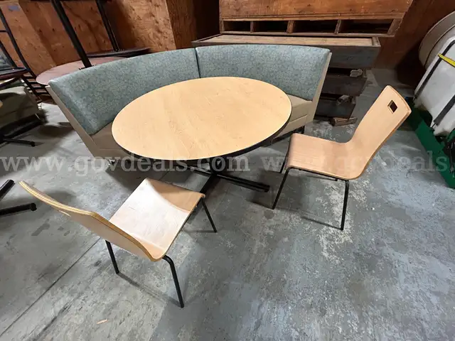 1 LOT OF 2 CURVED BENCH SEATING AND DIA . TABLE AND [2]  CHAIRS PER SET.