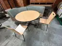 1 LOT OF 2 CURVED BENCH SEATING AND DIA . TABLE AND [2]  CHAIRS PER SET.