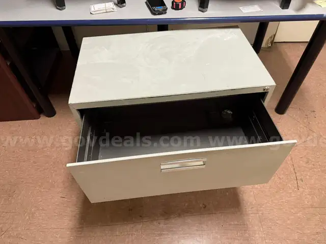 TWO TABLES, BOOKCASE, DESK, AND FILE CABINET