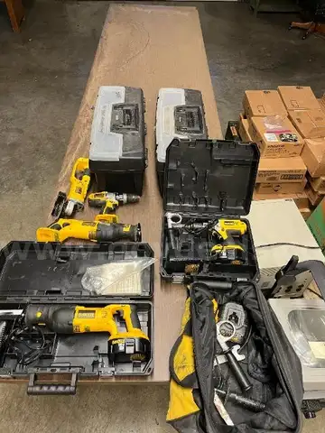Lot of (4) Dewalt 18V Power Tools, (1) Tool Bag, (2) Plastic Toolboxes, (3) Chargers, and (3) Batteries.