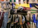 Lot of Shovels, Tent Stakes, and Various Hand Tools.
