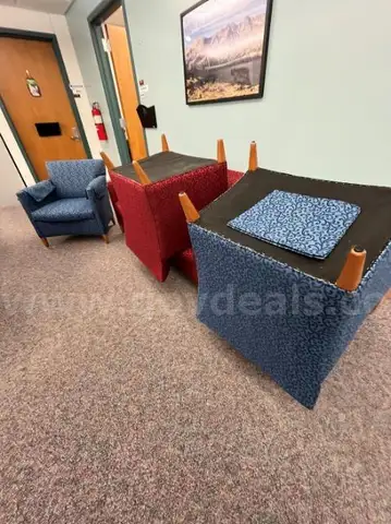 Lot of (3) Red and (3) Blue Upholstered Office Chairs.