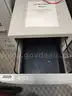Bookshelf, White Plastic File Cabinet, and Five-Drawer Vertical File Cabinet