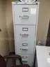 Bookshelf, White Plastic File Cabinet, and Five-Drawer Vertical File Cabinet