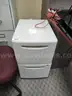 Bookshelf, White Plastic File Cabinet, and Five-Drawer Vertical File Cabinet