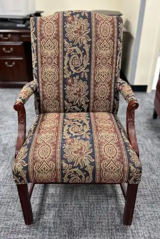 2 Brown Leather Chairs, 1 Maroon Paisley Office Chair