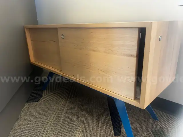 Elko Small Credenza, Maple Wood with Blue Base - Does Not Lock