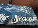 USED (20) CELEBRATE THE SEASON WHITE/BLUE BANNERS  30 &#x22;W x 80&#x22; L