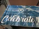 USED (20) CELEBRATE THE SEASON WHITE/BLUE BANNERS  30 &#x22;W x 80&#x22; L