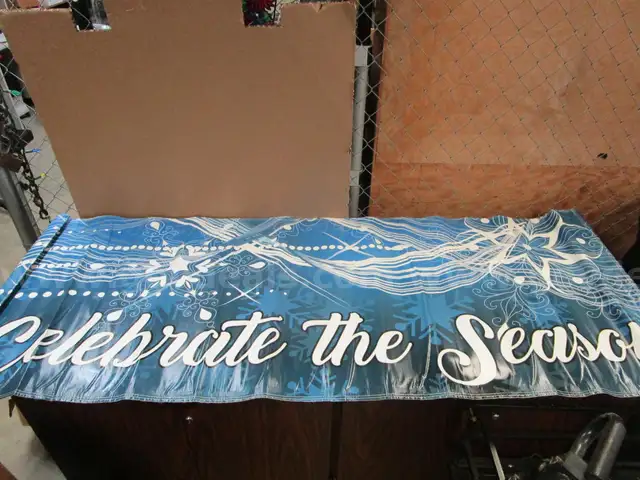 USED (20) CELEBRATE THE SEASON WHITE/BLUE BANNERS  30 &#x22;W x 80&#x22; L