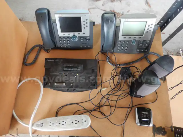 USED (1) CISCO IP PHONE 7965, (1) CISCO IP PHONE 7962, (1) PANASONIC PORT REPLICATOR, (1) BELKIN POWER SURGE PROTECTOR