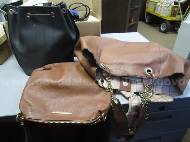 (1) USED DARK GREY, DRAW STRING BAG; (1) USED BROWN TOTE BAG; (1) USED BROWN COIN PURSE