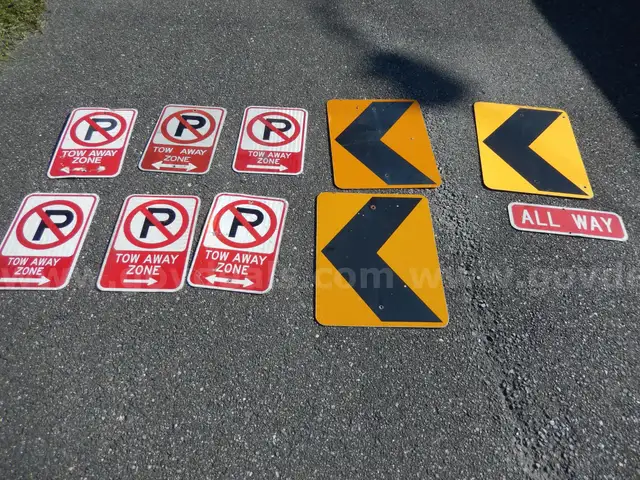 USED (6) TOW AWAY ZONE SIGNS, (3) CAUTION SIGNS, (1) ALL WAY SIGN