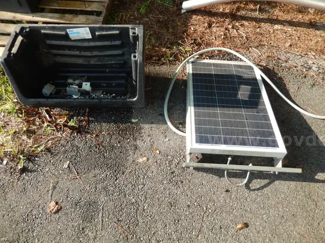 USED (1) SOLAR PANEL 22&#x22; W x 32&#x22; L, (2) BLUEHAWK STACKABLE CONTAINERS, SOME LOOSE NUTS AND BOLTS