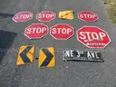 USED (6) STOP SIGNS, (3) CAUTION SIGNS, (1) STREET SIGN