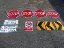 USED (4) STOP SIGNS, (3) CAUTION SIGNS, (2) WEDNESDAY TIME LISTED SIGNS, (1) TOW AWAY ZONE SIGN