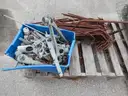 USED (6) BUNDLES OF CHAIN LINK OR CATTLE FENCING, (2) CHAIN LINK FENCING POSTS, (1) BOX OF ASSORTED FENCING HARDWARE