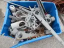 USED (6) BUNDLES OF CHAIN LINK OR CATTLE FENCING, (2) CHAIN LINK FENCING POSTS, (1) BOX OF ASSORTED FENCING HARDWARE