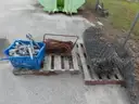 USED (6) BUNDLES OF CHAIN LINK OR CATTLE FENCING, (2) CHAIN LINK FENCING POSTS, (1) BOX OF ASSORTED FENCING HARDWARE
