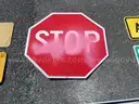 USED (2) STREET SIGNS, (2) CAUTION SIGNS, (2) AHEAD SIGNS, (1) STOP SIGN, (1) LOCAL TRAFFIC ONLY SIGN, (1) KEEP RIGHT