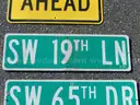 USED (2) STREET SIGNS, (2) CAUTION SIGNS, (2) AHEAD SIGNS, (1) STOP SIGN, (1) LOCAL TRAFFIC ONLY SIGN, (1) KEEP RIGHT