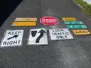 USED (2) STREET SIGNS, (2) CAUTION SIGNS, (2) AHEAD SIGNS, (1) STOP SIGN, (1) LOCAL TRAFFIC ONLY SIGN, (1) KEEP RIGHT