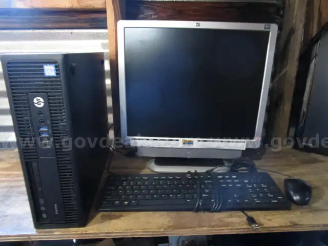 USED HP OFFICE COMPUTER SET: (1) MONITOR, (1) ELITEDESK TOWER, (1) KEYBOARD, (1) MOUSE