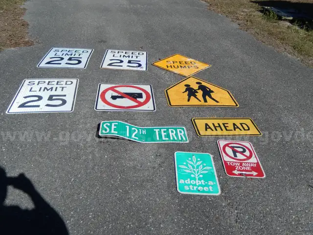 USED (3) SPEED LIMIT 25 SIGNS, (1) PEDESTRIAN SIGN, (1) SPEED HUMP SIGN, (1) TOW AWAY ZONE SIGN, (1) AHEAD SIGN