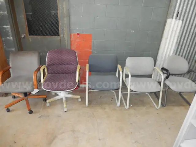 USED (1) MAROON PATTERN CHAIR, (1) GREY SBR WOOD FRAME CHAIR, (1) GREY PATTERN CHAIR, (1) BLUE CLOTH CHAIR