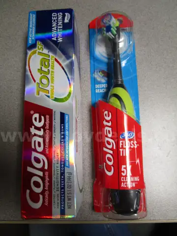 (1) UNOPENED COLGATE 360 FLOSS-TIP 5X CLEANING ACTION TOOTHBRUSH; (1) UNOPENED TOTAL WHOLE MOUTH HEALTH TOOTHPASTE