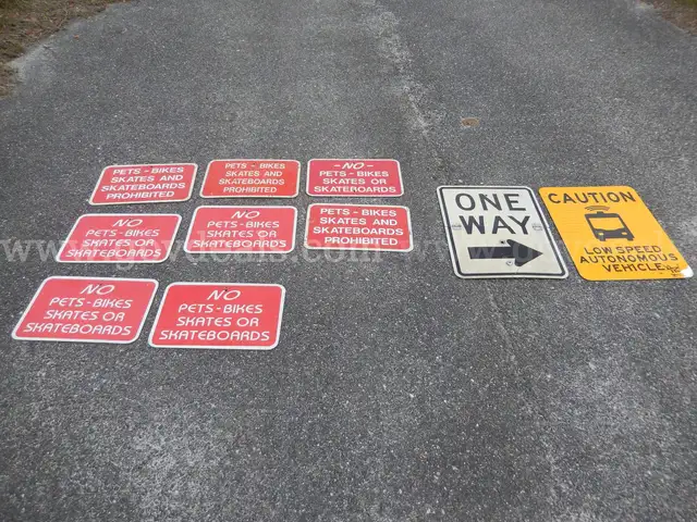 USED (1) ONE WAY SIGN, (1) CAUTION LOW SPEED SIGN, (8) PETS- BIKE, SKATES, AND SKATEBOARD PROHIBITED SIGNS