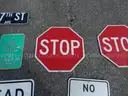 USED (2) STOP SIGNS, (1) NO SOLICITING SIGN, (1) STREET SIGN, (1) AHEAD SIGN, (2) NO OUTLET PRIVATE PROPERTY SIGNS